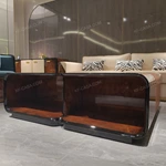 Luxury Rectangular Coffee Table Featuring Premium Wood Veneer with Central Leather Inlay Accent for Sophisticated Interiors